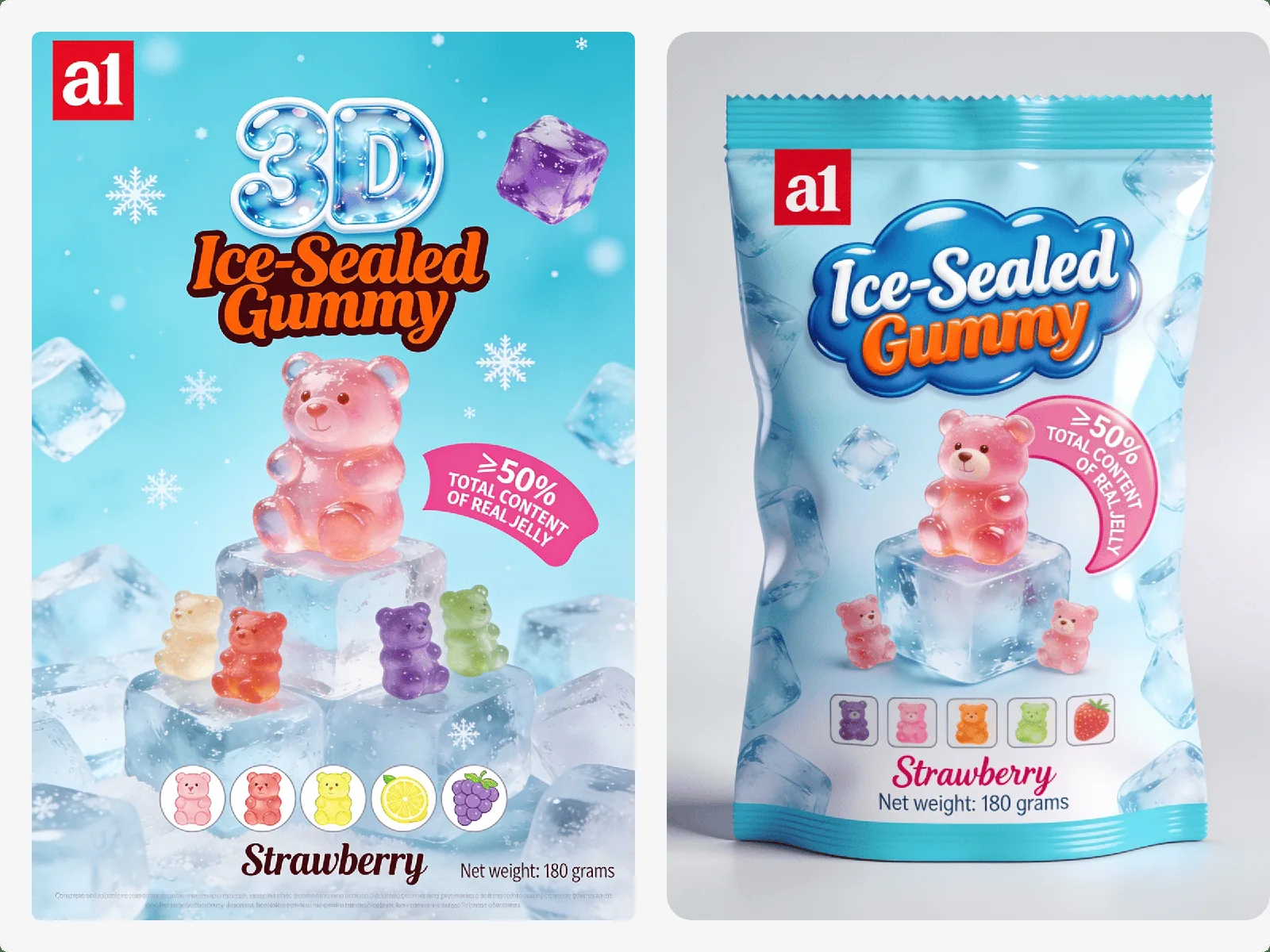 a1 3D ice-sealed gummy, strawberry — heat-resistant format for tropical routes and long sea transit