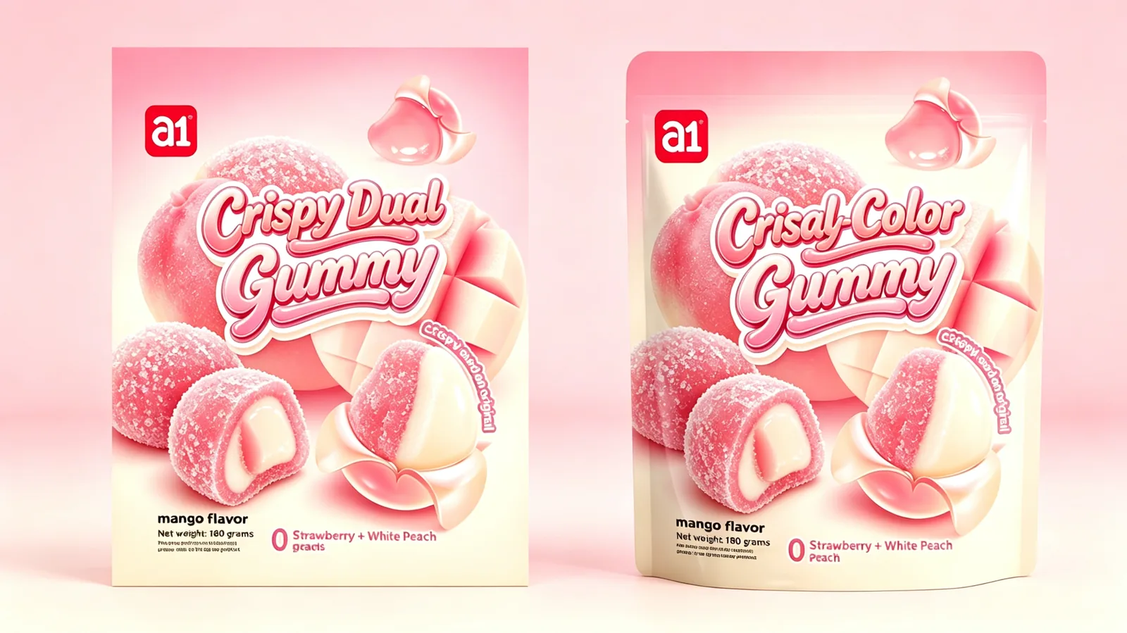 4D crispy dual-color gummy — a no-gelatin (agar plus pectin) format that demonstrates formulation depth