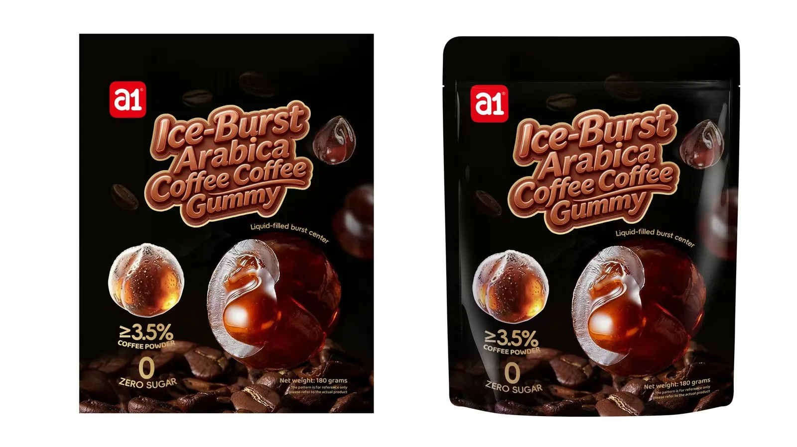 a1 Ice-Burst Arabica Coffee Coffee Gummy — dark roast packaging design with coffee beans and liquid-filled burst center