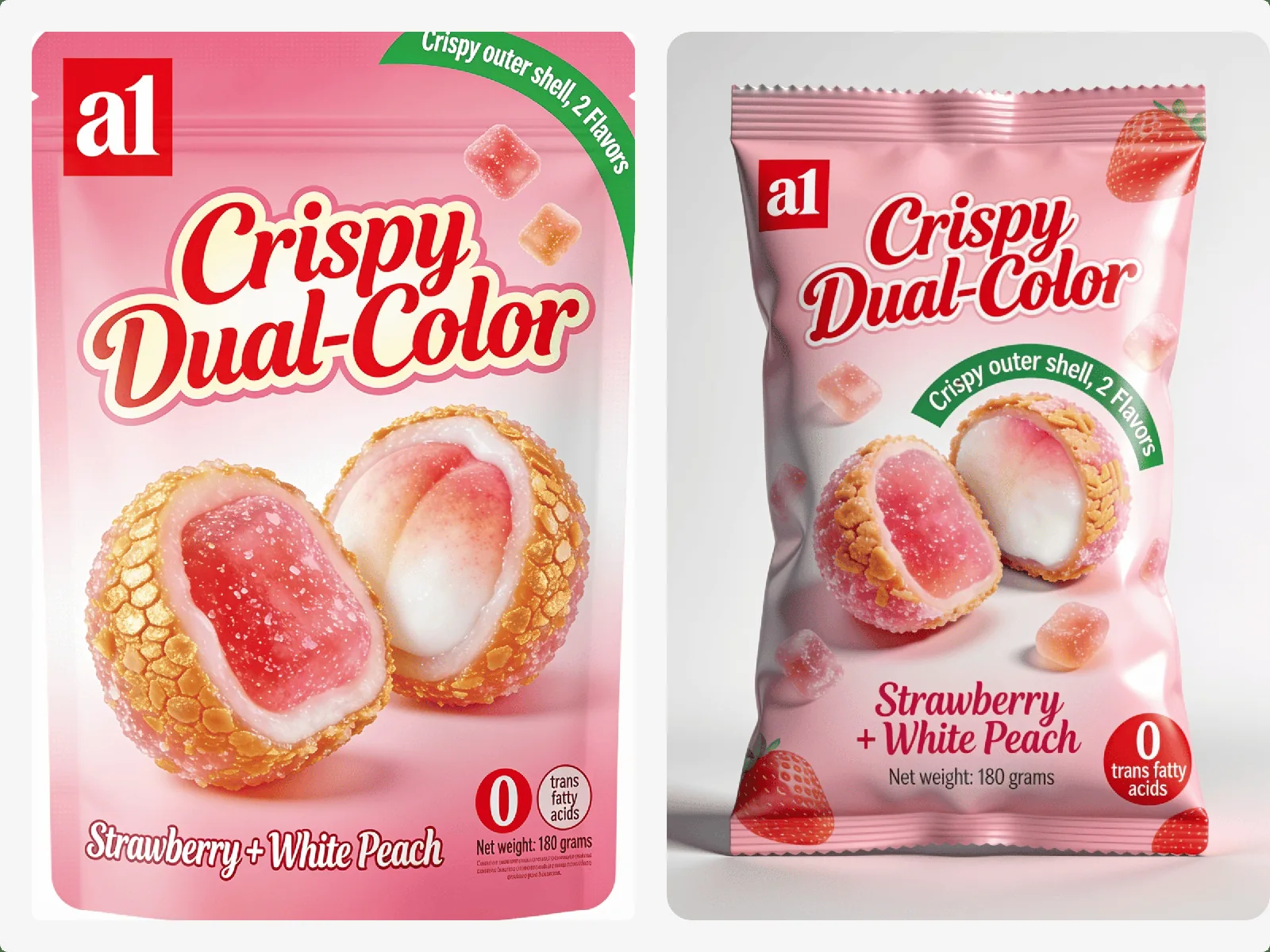 a1 4D crispy dual-colour gummy, strawberry and white peach — a texture format built to be read from two metres away