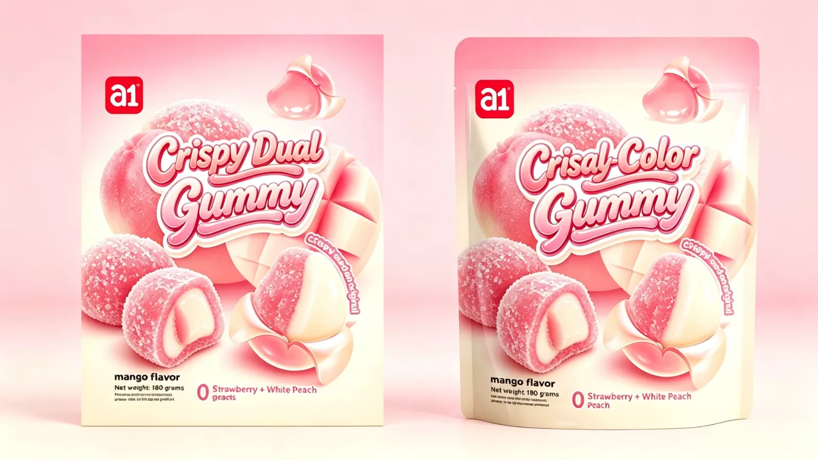 a1 4D Crispy Dual-Color gummy strawberry white peach English packaging, agar and pectin based