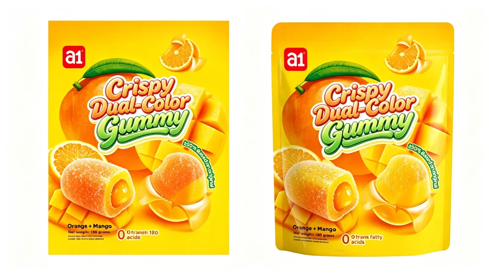 a1 4D Crispy Dual-Color gummy orange mango flavor English packaging