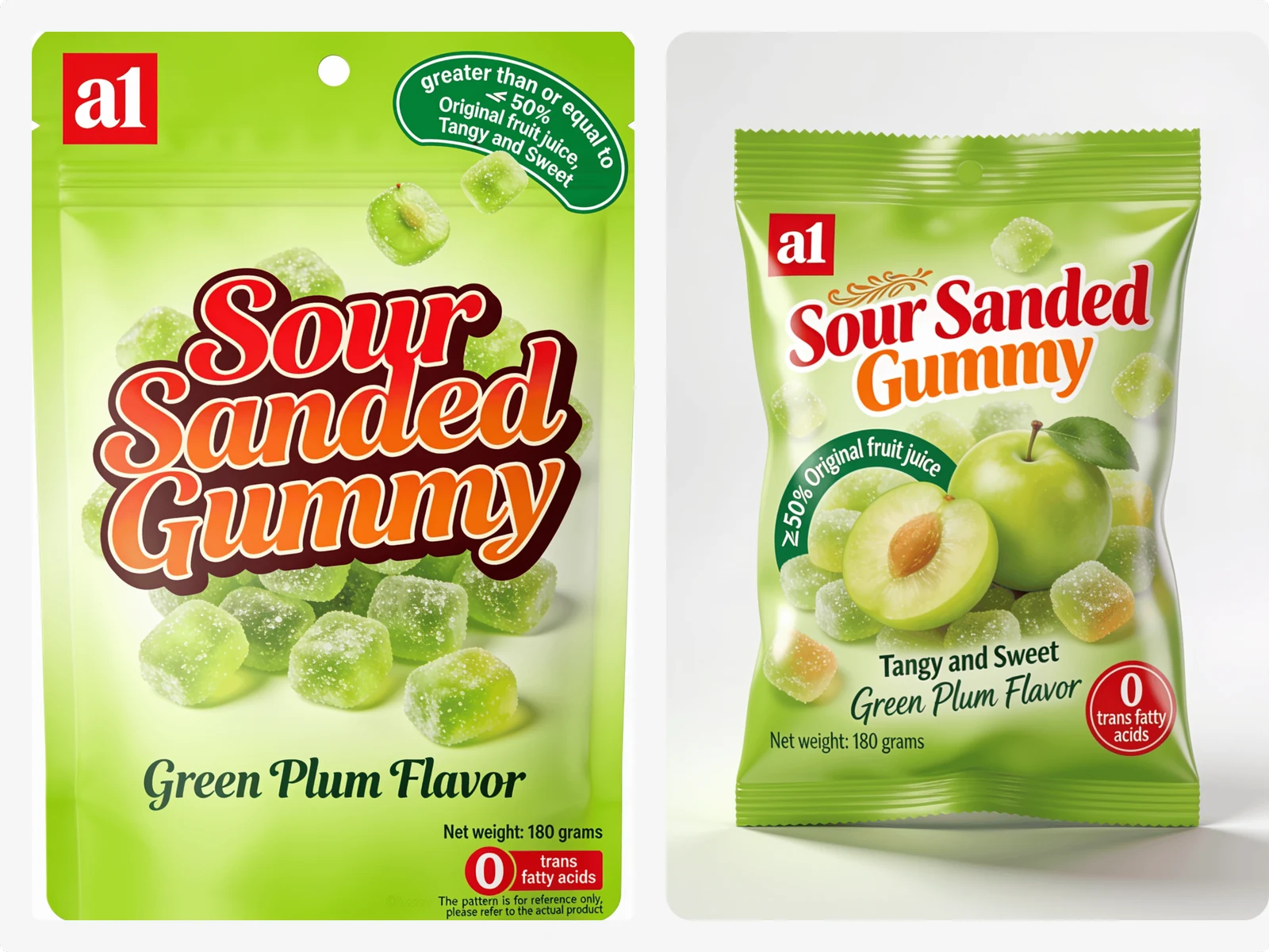 a1 Sour Sanded Gummy Green Plum — stand-up pouch packaging for the acid-coated gummy format