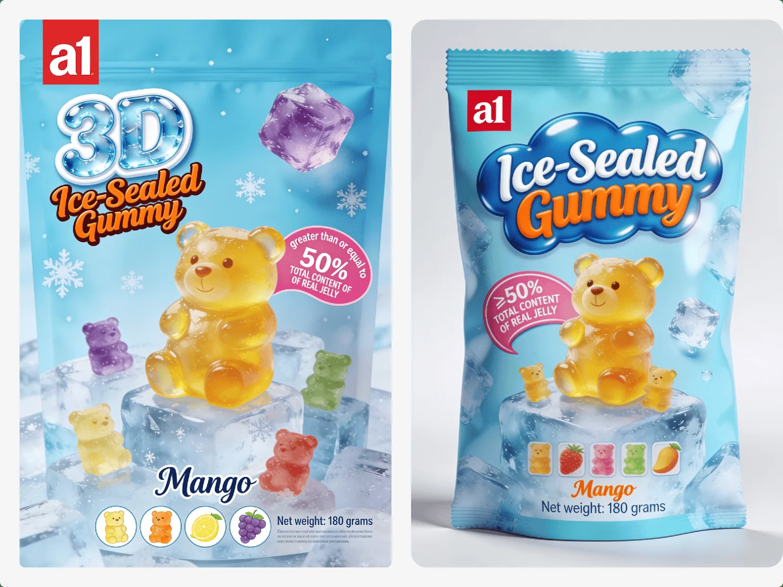 a1 3D Ice-Sealed Gummy in mango, retail-ready English packaging