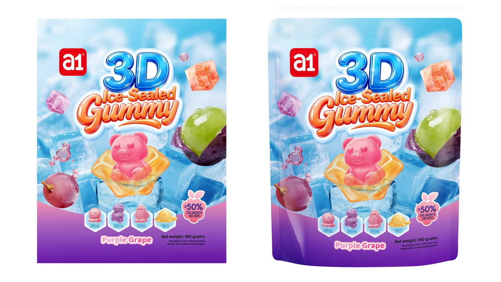 a1 3D ice-sealed gummy concept art — a sealed animal figure inside the candy, the four-second pitch a facing needs