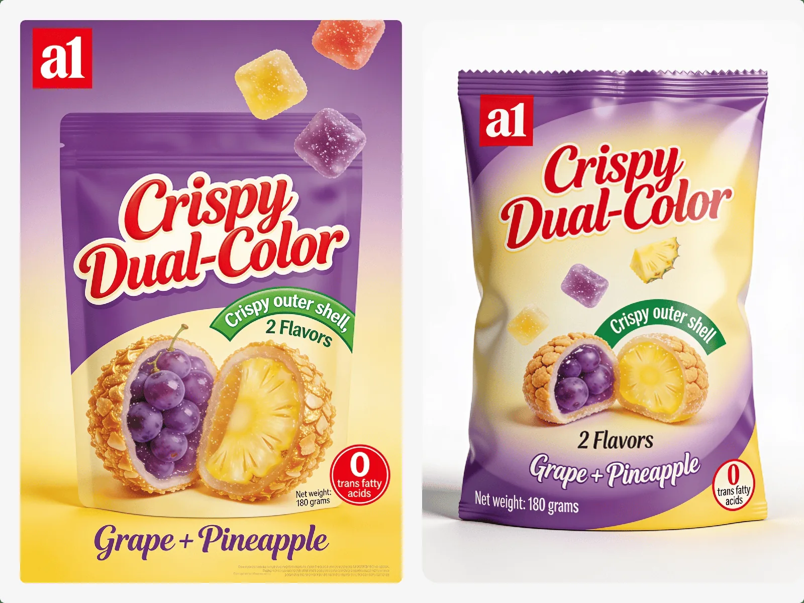 4D Crispy Dual-Color Gummy in grape and pineapple