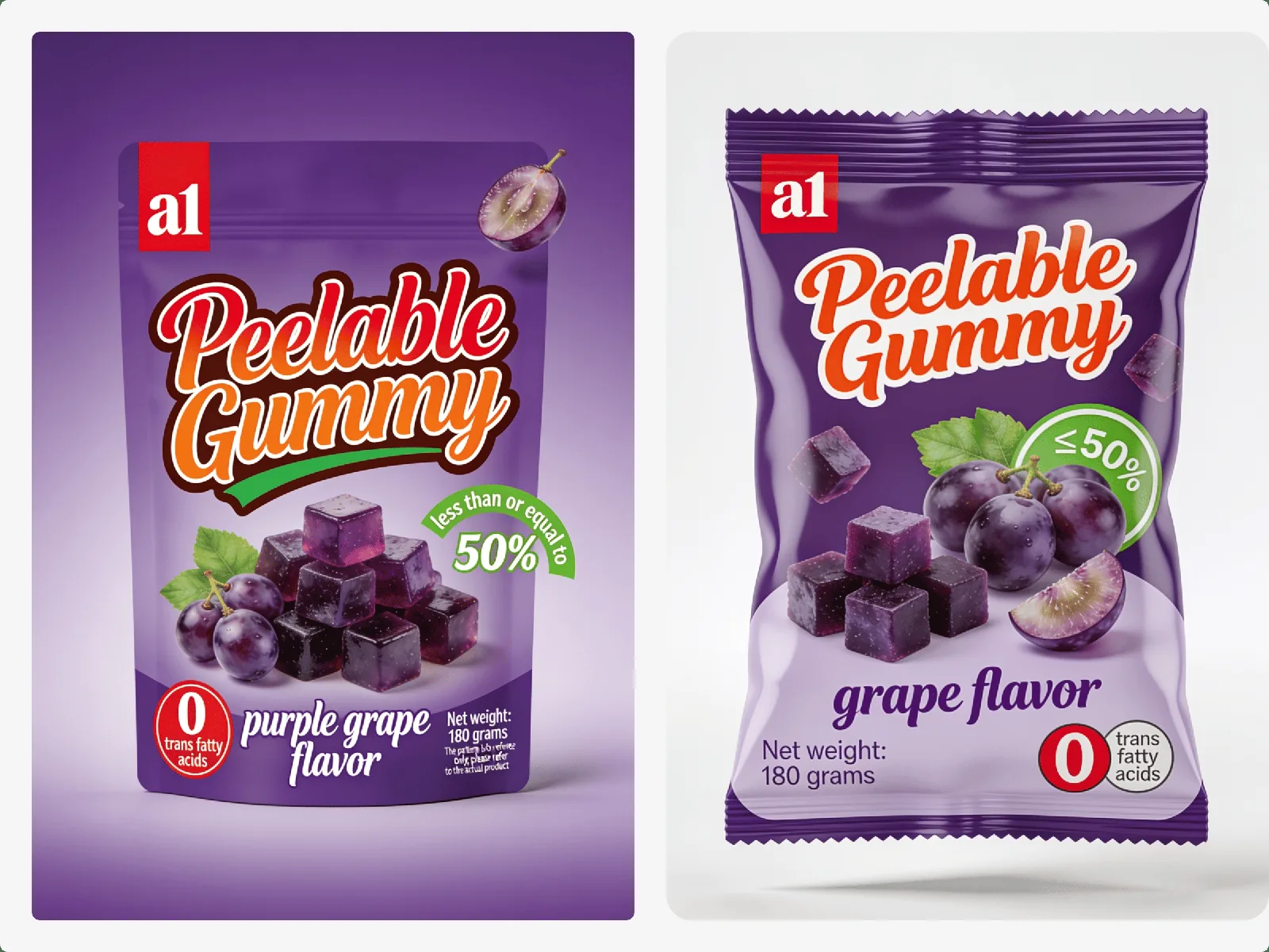 a1 Peelable Gummy in purple grape — real-juice positioning in a stand-up pouch