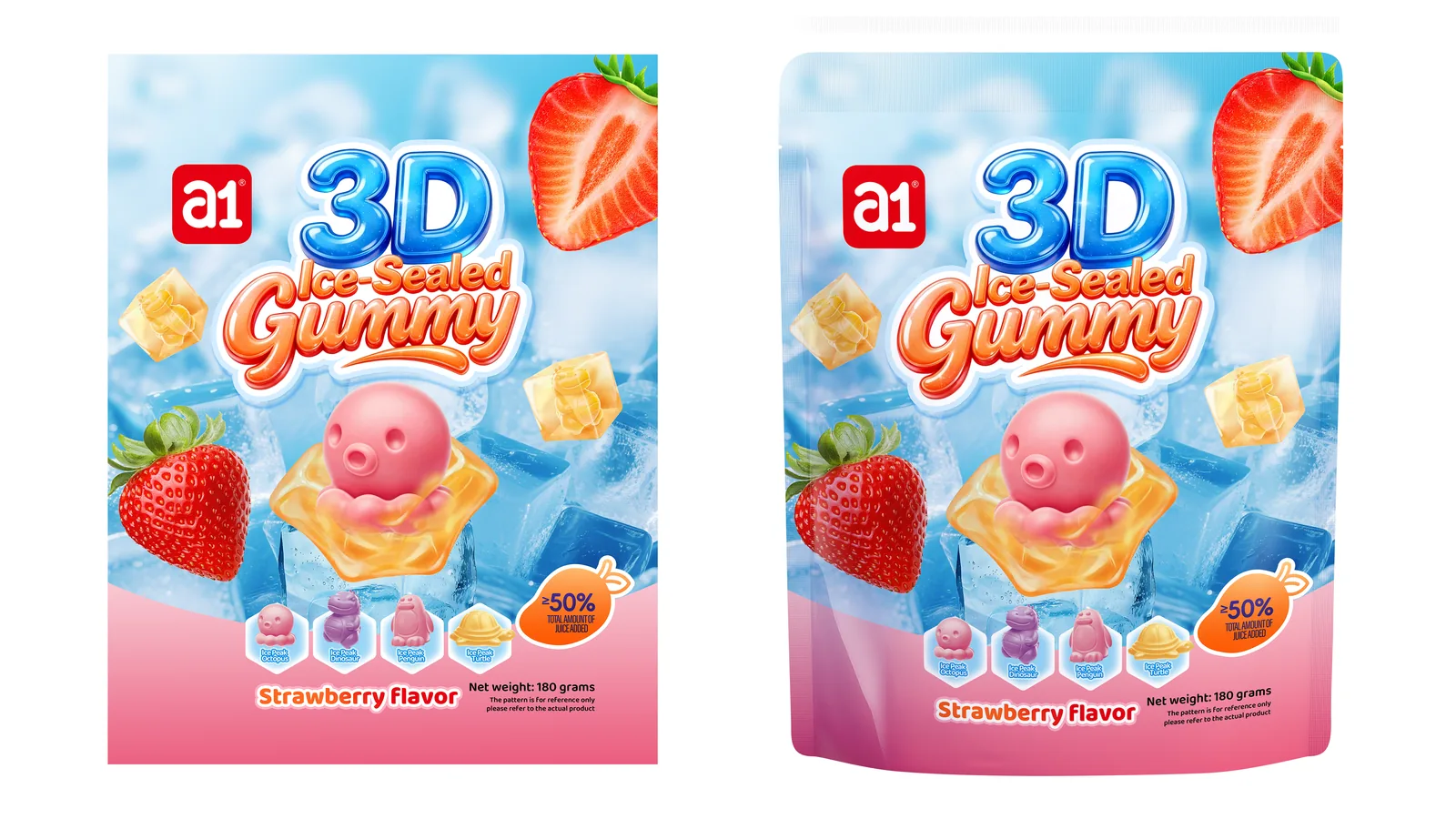 a1 3D Ice-Sealed Gummy strawberry pouch — heat-proof sealed-animal format built for tropical transit