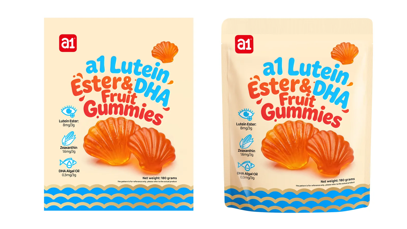 a1 Lutein Ester & DHA fruit gummies packaging design — the wellness-adjacent end of the gummy range