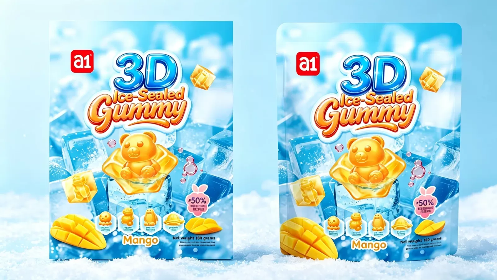 3D ice-sealed mango gummy in a stand-up pouch — the dominant gummy export format